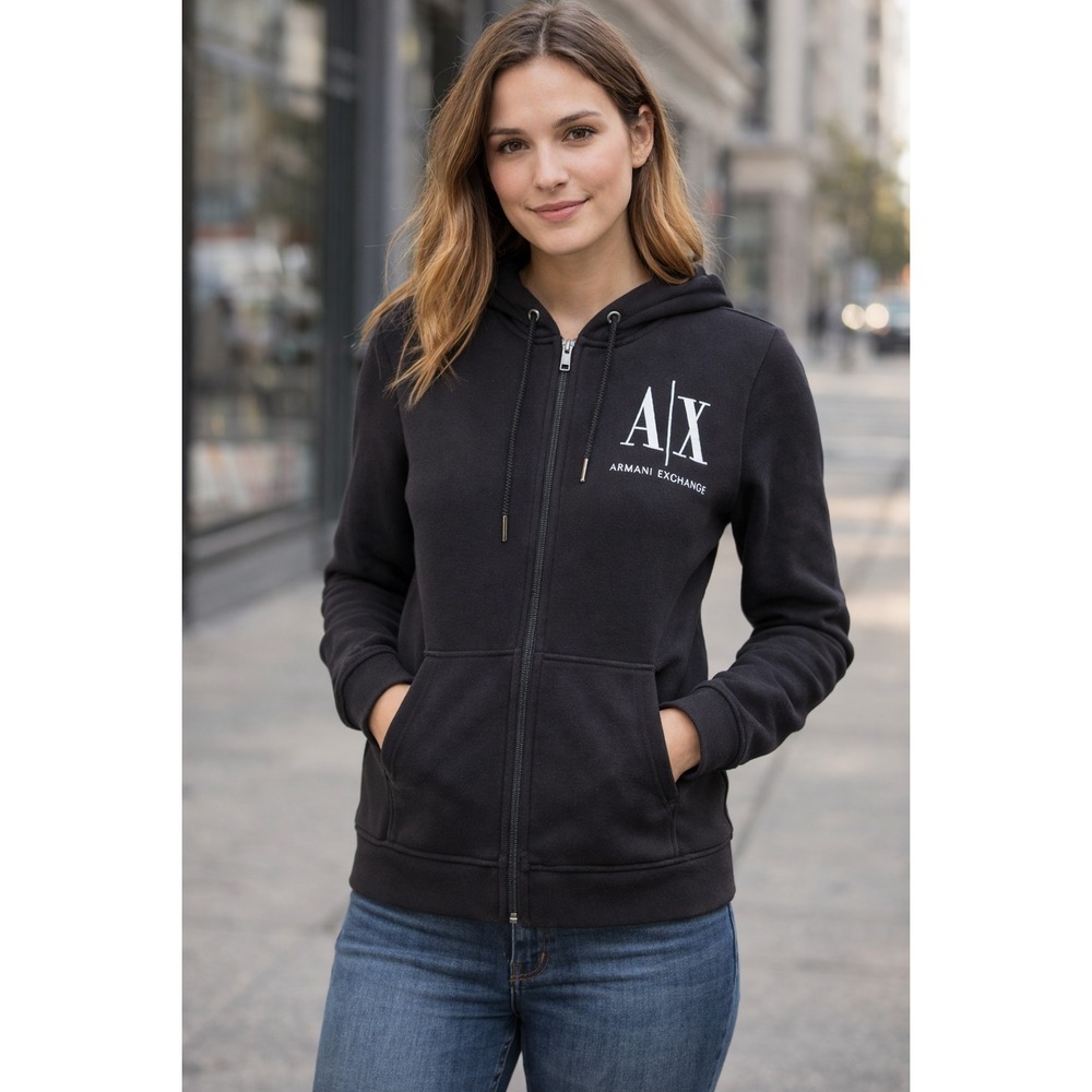 Armani Exchange Hoodie Womens Small Black AX Logo‎ Zip Up Icon Period Sweatshirt